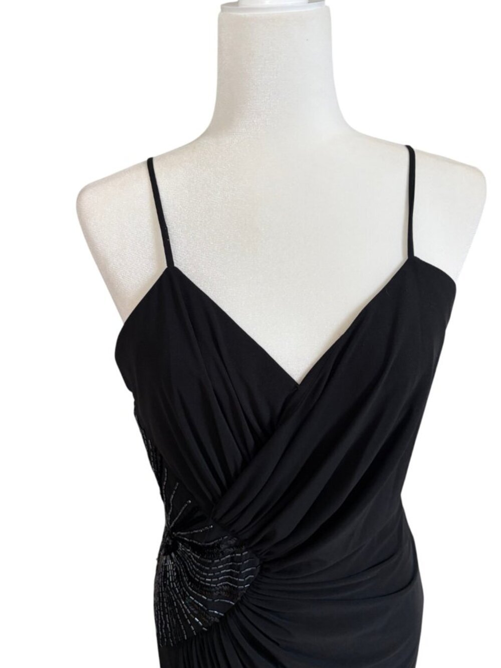 Vintage Rimini Black Ruched Beaded Cocktail Dress 1990s Draped Midi Dress Medium - Picture 3 of 6